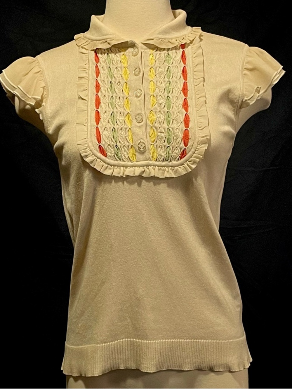 Cynthia Steffe Cream Ruffled Bib Front Short Sleeve Top